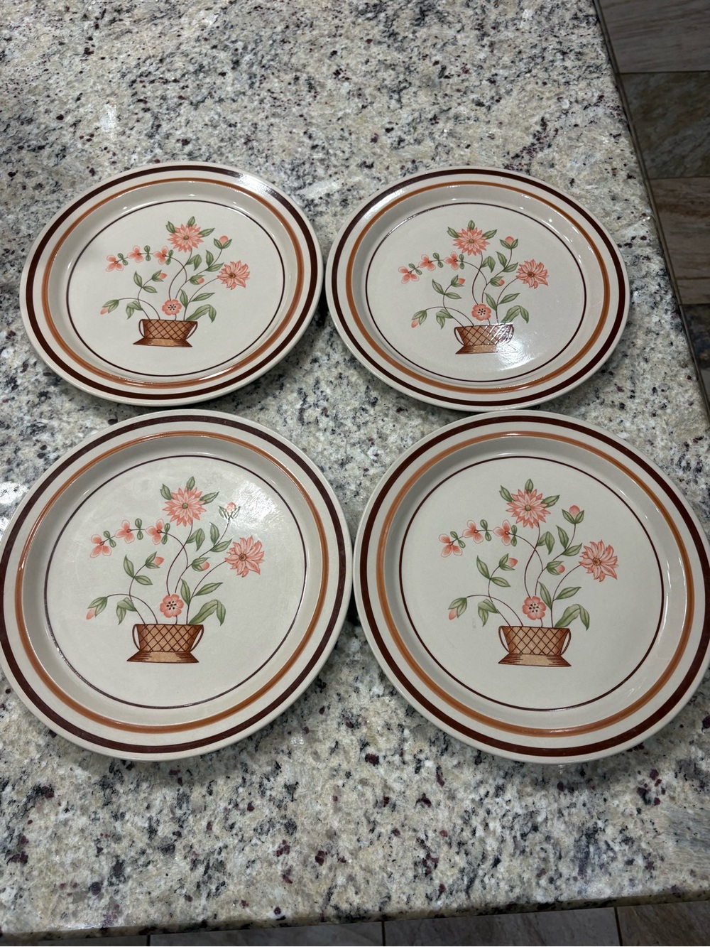 Newcor Countryside Stonewear set of 4 dinner plates pink flower in brown basket